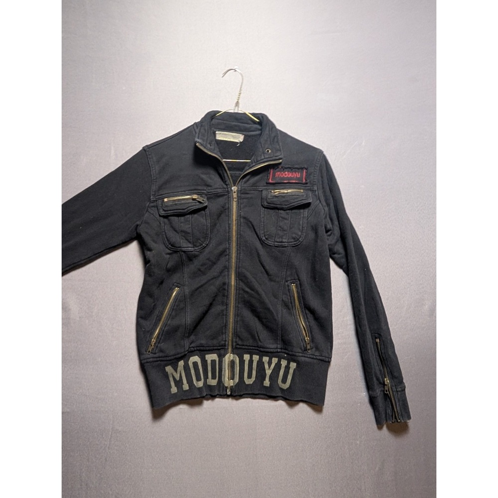 Modouyu Utility Jacket Womens Medium Black French Terry Embroidered Full Zip